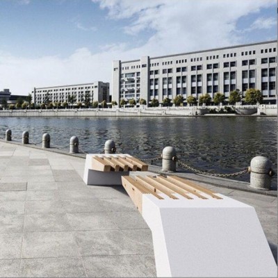 水磨石异形木面坐凳户外景观座椅